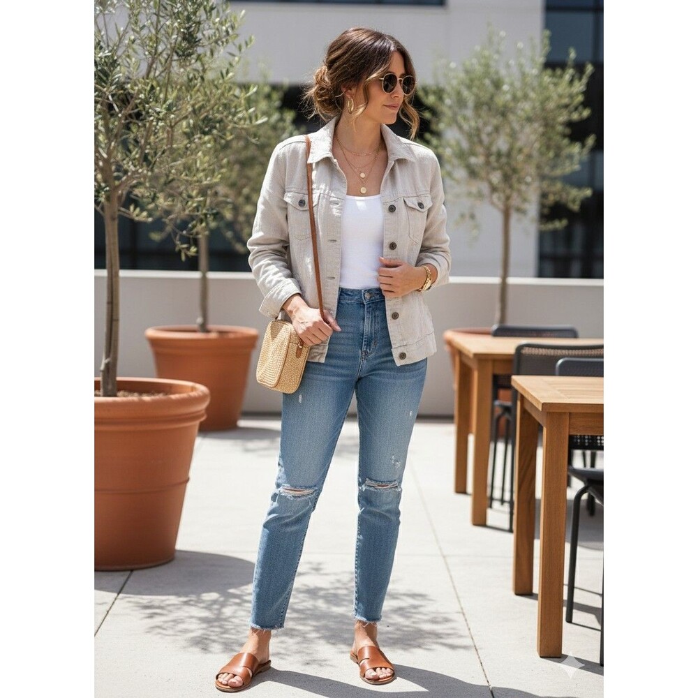 Charter Club Petite Large 100% Linen Trucker Jacket Tan Oatmeal Neutral *flaws